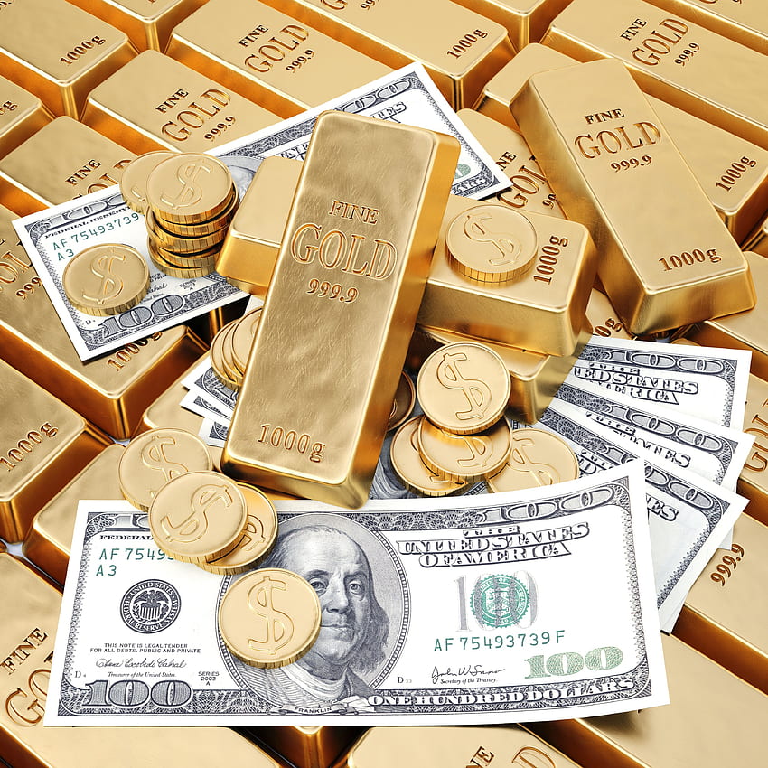 monedas lingotes de oro dinero, monedas de dólar fondo de pantalla del teléfono