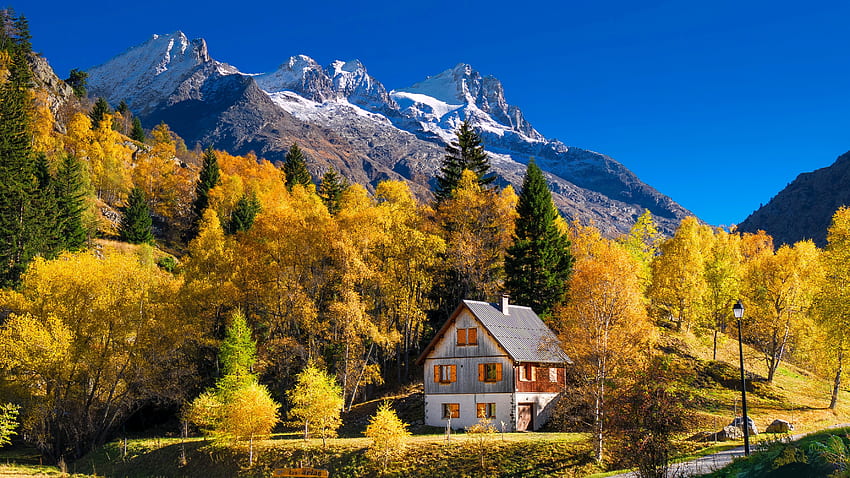 Autumn in France, hills, fall, France, autumn, beautiful, chalet, rocks, mountain HD wallpaper