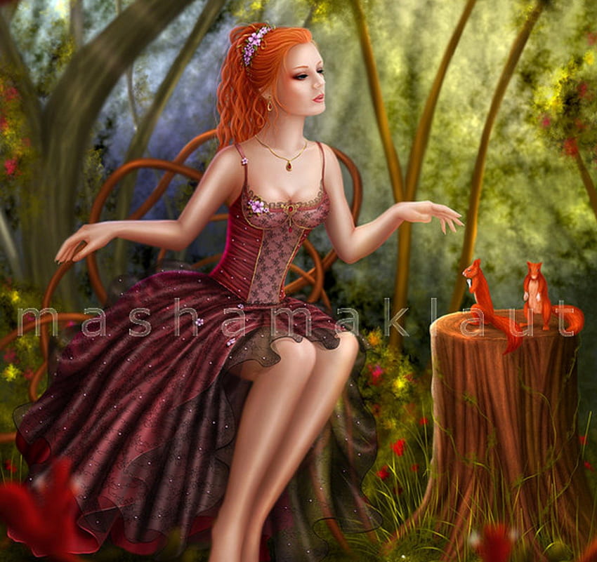 ~Good Audience~, plants, colors, jewelry, charm, animals, trees, drawings, female, gorgeous, paintings, grass, necklaces, fantasy, pretty, models, hair, lovely, cute, digital art, dress, lady, good, squirrels, garden, weird things people wear, beautiful, people, audience, cool, girls, flowers, women, redhead HD wallpaper