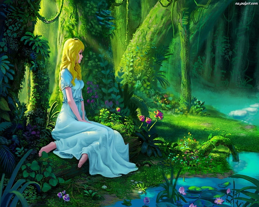 Pretty seduta, fiume, seduta, fantasia, alberi, fiori, donna Sfondo HD