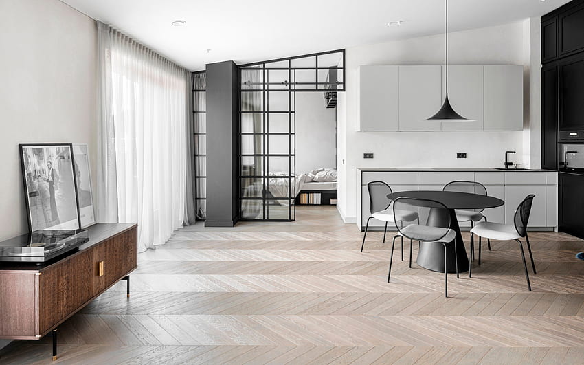 การออกแบบอพาร์ทเมนท์มีสไตล์ ห้องครัวห้องนั่งเล่น เฟอร์นิเจอร์ย้อนยุค ไอเดียห้องนั่งเล่น เฟอร์นิเจอร์ครัวสีดำ วอลล์เปเปอร์ HD