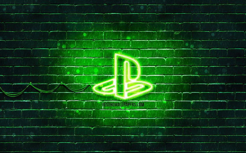 Зелено лого на PlayStation, , зелена тухлена стена, лого на PlayStation, марки, неоново лого на PlayStation, PlayStation за с резолюция . Високо качество HD тапет