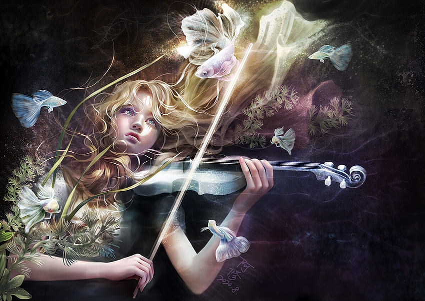 Violonist, frumusete, dreamingfire rotheus, girl, dreamingfire, violin, rotheus, instrument, fantasy, pesti, fish, luminos HD wallpaper