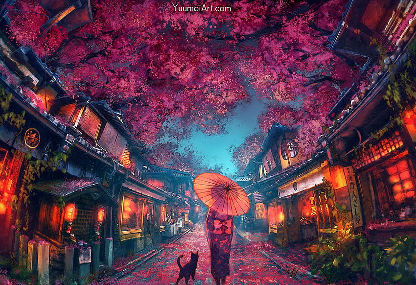 Anime Girl na City Street com Sakura Trees ao entardecer. Fundo, Rua Chinesa papel de parede HD