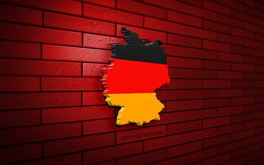 Карта на Германия, червена тухлена стена, европейски страни, силует на карта на Германия, флаг на Германия, Европа, карта на Германия, флаг на Германия, Германия, флаг на Германия, немска 3D карта HD тапет