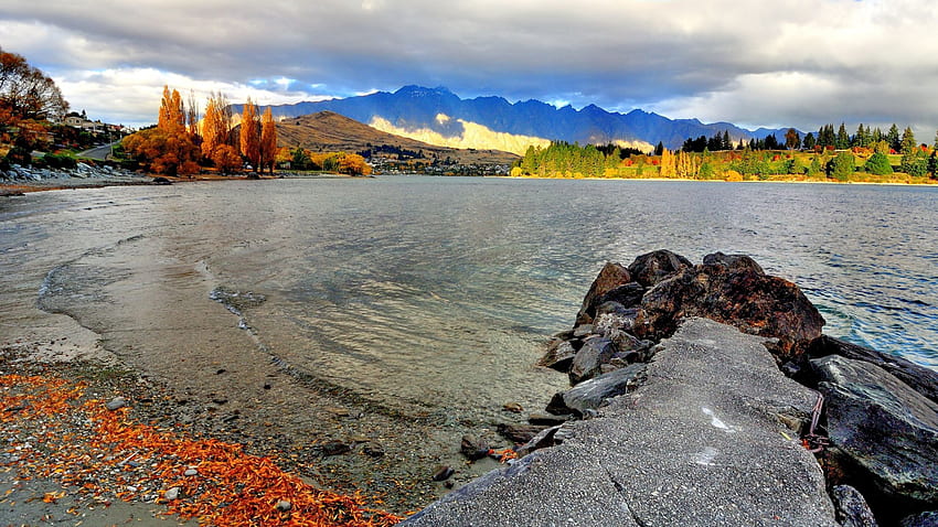 colorful new zealand shore, fun, nature, forest, lake, mountain HD wallpaper