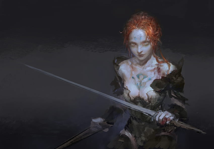 Vampire warrior girl, tangyuan, fantasy, art, sword, fighter, luminos, redhead, warrior, dark HD wallpaper