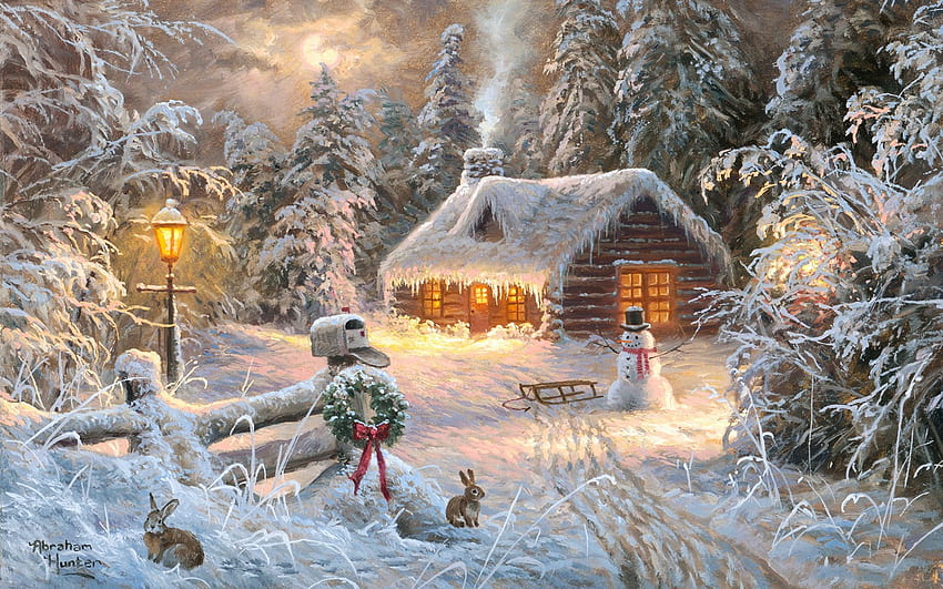 Rumah Liburan, manusia salju, karya seni, musim dingin, lukisan, salju, rumah, pohon, hutan, kereta luncur Wallpaper HD