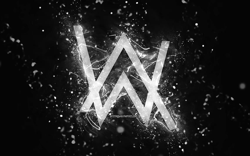 Logotipo blanco de Alan Walker, DJ noruegos, luces de neón blancas, creativo, abstracto negro, Alan Olav Walker, logotipo de Alan Walker, estrellas de la música, Alan Walker fondo de pantalla