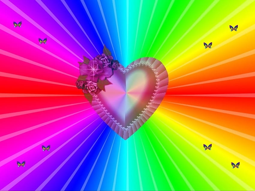 Coeur, Roses et Papillons, papillons, Roses, coloré, couleurs arc-en-ciel, abstrait, joli, Coeur Fond d'écran HD