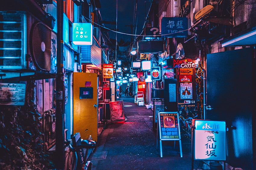 路地店看板路地とネオンの光と背景、日本の路地 高画質の壁紙