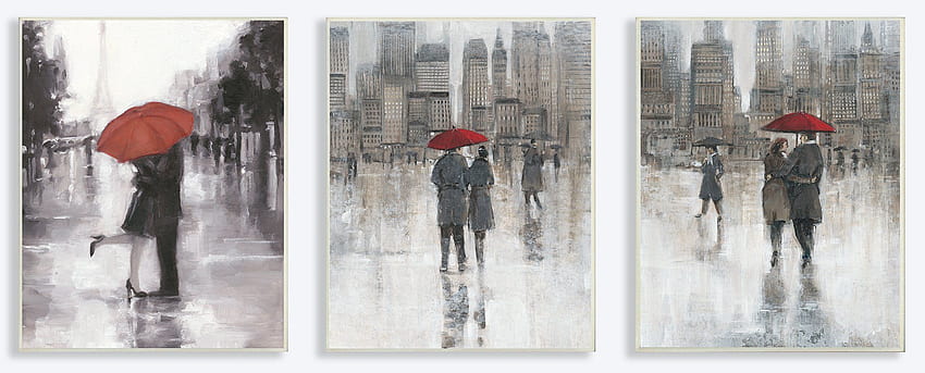 Stupell Industries Rain in the City Couple with Red Umbrella Trio 3, Bemalung von Red Umbrella HD-Hintergrundbild