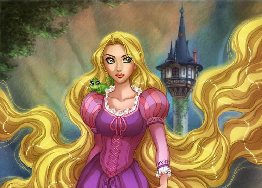 Rapunzel, fairytale, tower, chameleon, girl, long hair, castle HD wallpaper