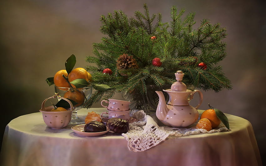 Advent Time, still life, teacups, mandarins, spruce, Advent, pinecone, teapot HD wallpaper