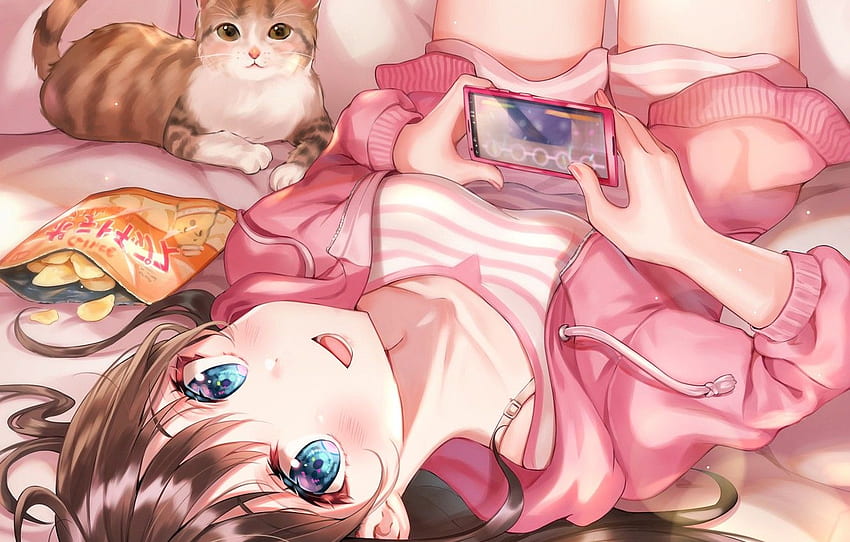 cat, cat, sofa, the game, girl for , section арт - , Gamer Girl Anime Cat fondo de pantalla