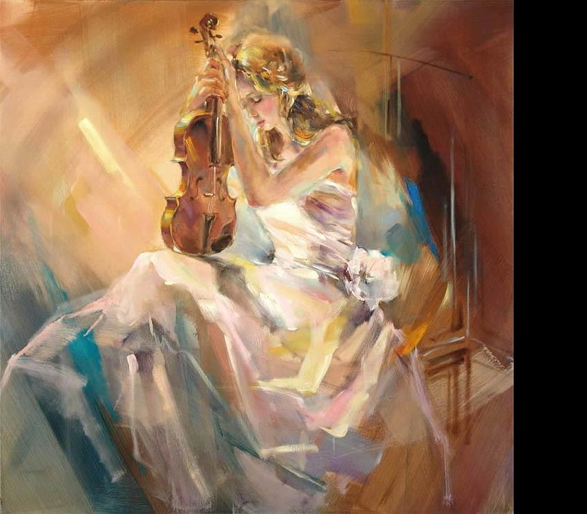 Anna Razumovskaya - Romance with a violin - for Rosarina, white, art, anna razumovskaya, girl, romance, dress, violin, woman, music, painting HD wallpaper