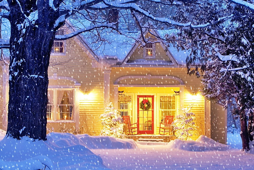 Dom na święta, zima, wakacje, płatek śniegu, śnieg, boże narodzenie, dom, piękny Tapeta HD