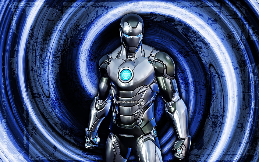 сребърно фолио Iron Man, син гръндж фон, Fortnite, вихър, герои от Fortnite, сребърно фолио Iron Man Skin, Fortnite Battle Royale, сребърно фолио Iron Man Fortnite HD тапет
