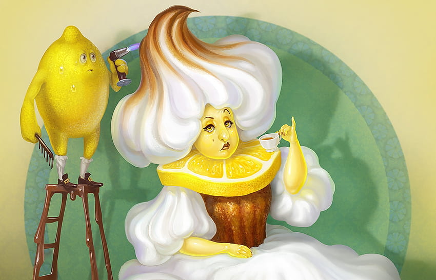 Lady Lemon Pie, sweet, pie, white, art, girl, fantasy, lemon, yellow, fruit, luminos, diane ozdamar HD wallpaper