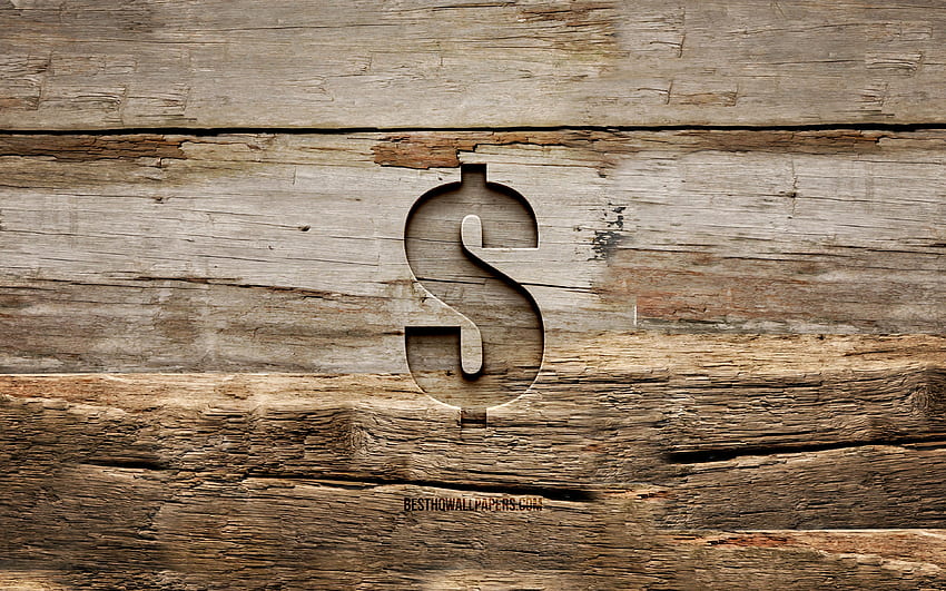Dolary amerykańskie drewniany znak, drewniane tła, znaki waluty, znak dolara amerykańskiego, kreatywny, Dolar, rzeźba w drewnie, dolary amerykańskie Tapeta HD
