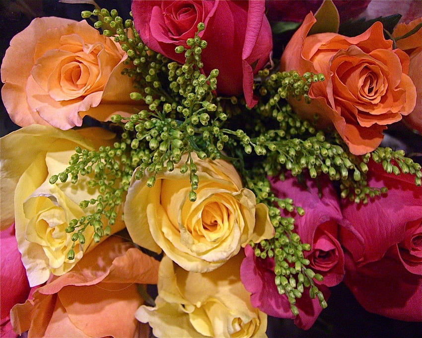 * Шарени рози *, букет, рози, жълто, цветове, цветя, оранжево HD тапет