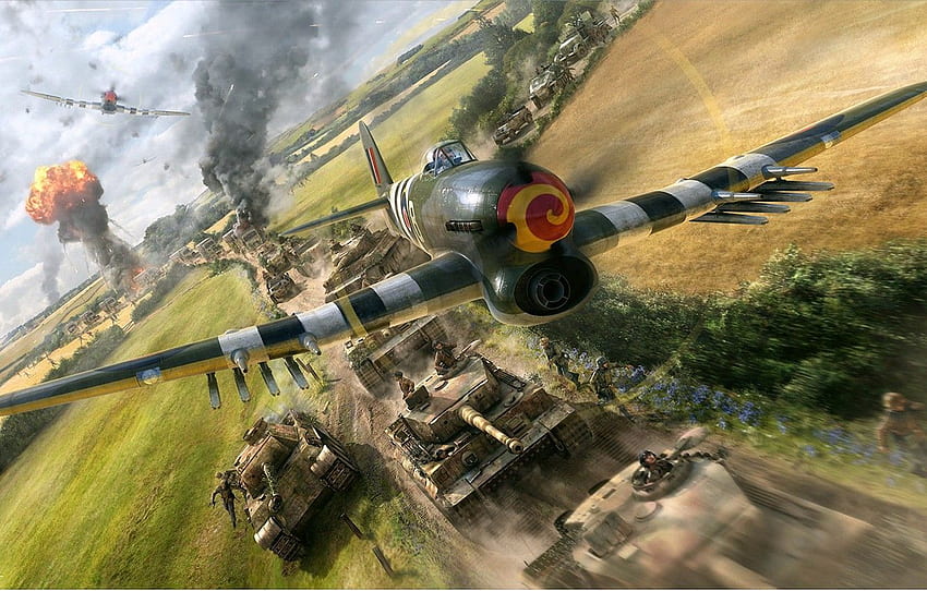 uçak, avcı, sanat, bombardıman uçağı, İngiliz, ikinci dünya savaşı, RAF, 2. Dünya Savaşı, tek, Hawker Typhoon, bir Alman zırhlı sütununun bombalanması, bölüm авиация, Britanya Savaşı HD duvar kağıdı