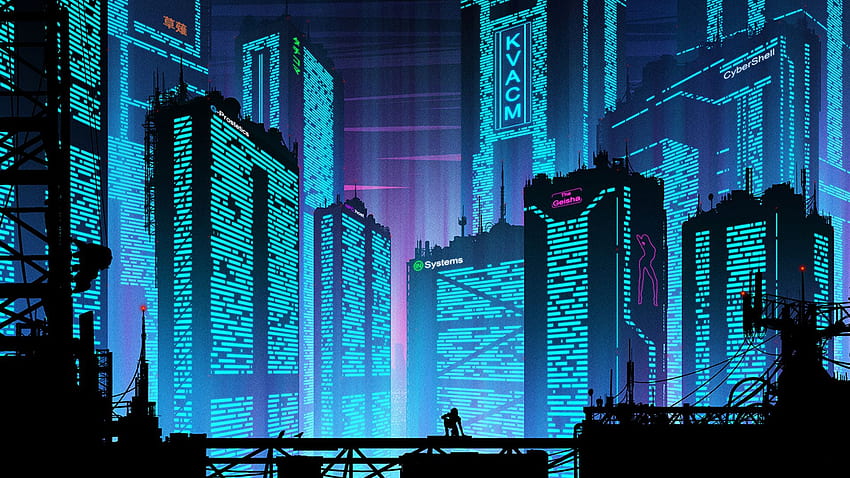 Cyberpunk, silhouette, buildings, futuristic city, port, Futuristic Nature HD wallpaper