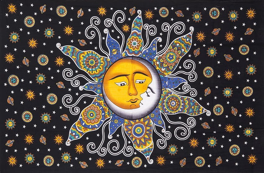 Psychodeliczne niebiańskie słońce księżyc gwiazdy czeski joga gobelin ścienny do łóżka. Gobelin słońce i księżyc, rysunki słońca i księżyca, sztuka księżyca Tapeta HD