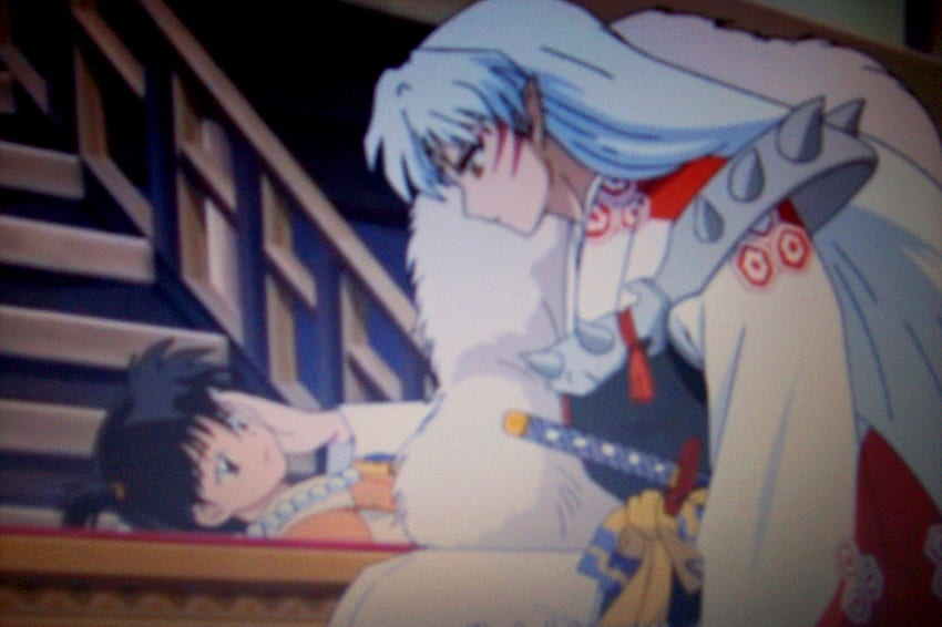 Rin And Sesshomaru, blue, white, anime, colour HD wallpaper