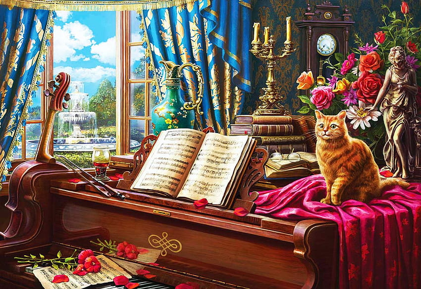 Grand Piano Cat, ventana, silla, digital, libro, arte, velas, flores fondo de pantalla
