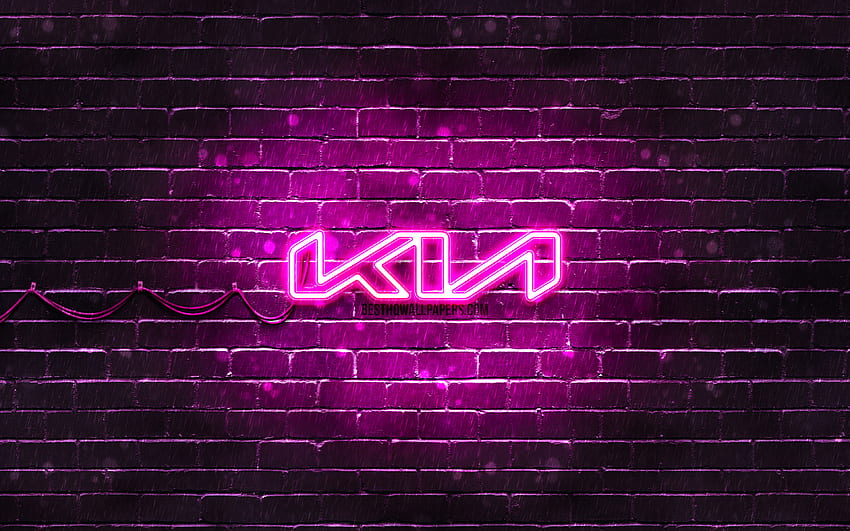 KIA purple logo, purple brickwall, , KIA new logo, cars brands, KIA neon logo, KIA 2021 logo, KIA logo, KIA HD wallpaper