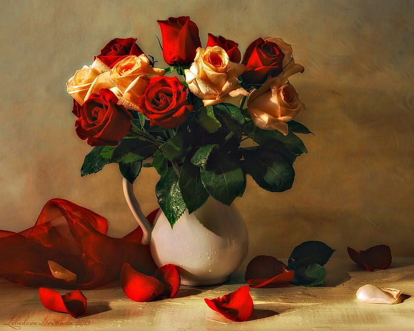 Натюрморт, цветя, рози, листенца HD тапет
