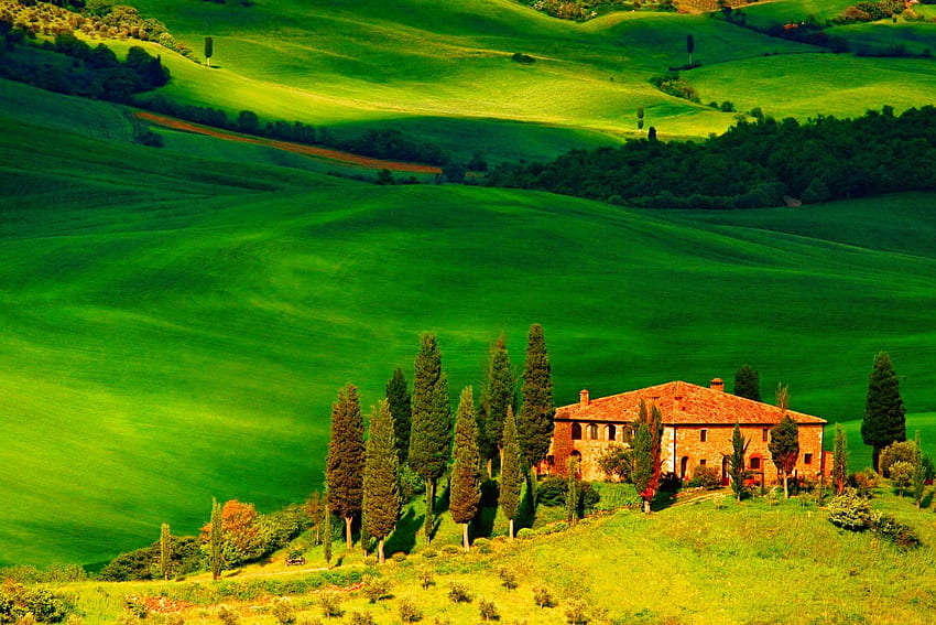 Toskania wakacje, wakacje, ładne, drzewa, zieleń, Toskania, wzgórza, nachylenie, hotel, dom, łąka, piękny, Włochy, trawa, lato, odpoczynek, ładny, pole, zielony, dolina, natura, chata, śliczny Tapeta HD