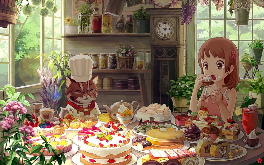Essen, Anime-Mädchen, Dessert, Blumen, Essen, Buffet, Floristik. Moka HD-Hintergrundbild