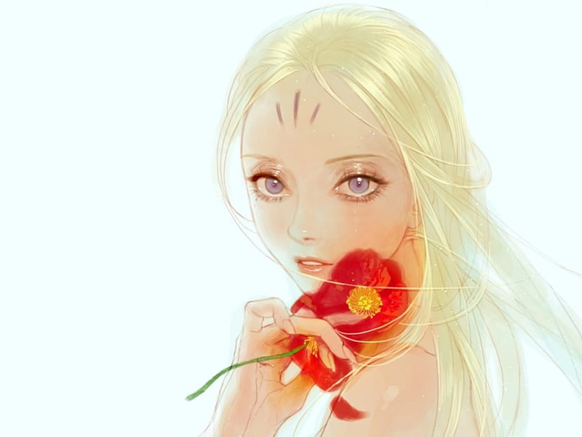 Red Flower Blond Hair Blonde Floral Long Hair Beauty Lady Cg Flower Maiden Blonde