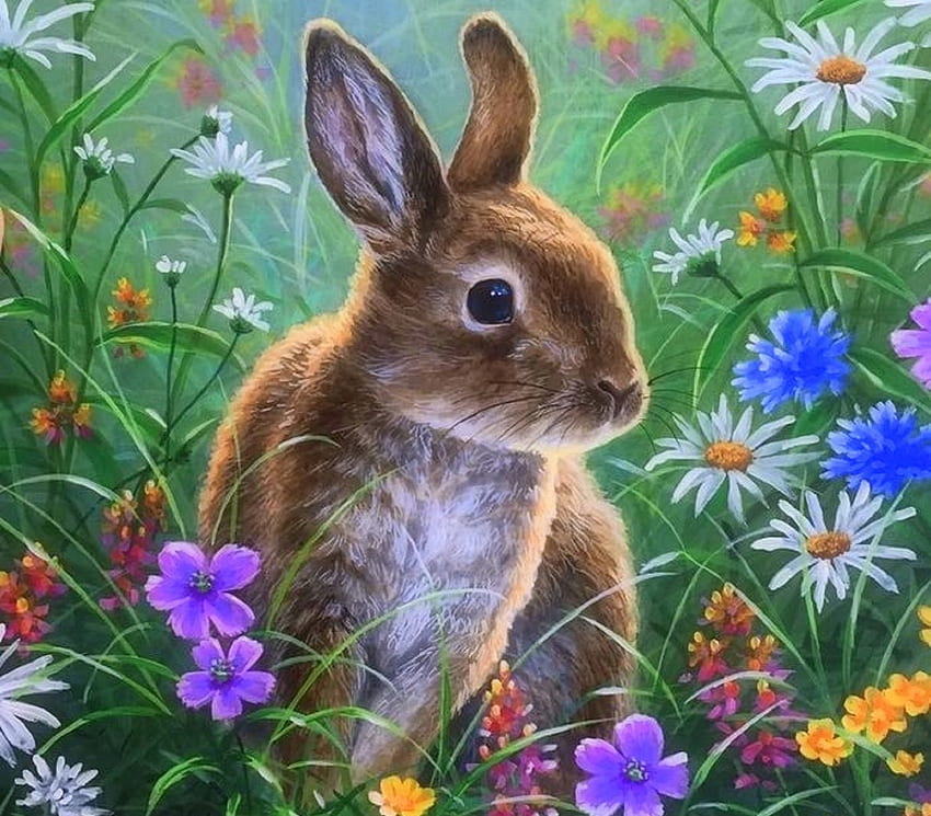 HAPPY EASTER, attractions in dreams, paintings, spring, bunny, love four seasons, animals, nature, flowers, easter, rabbit HD wallpaper