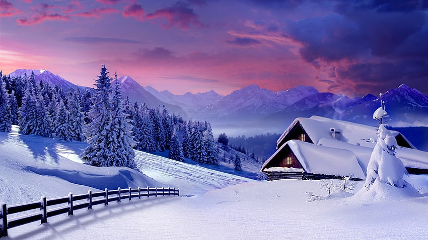 Pink Sky Winter Scenic Houses PC and Mac HD wallpaper