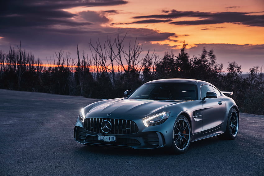 Sunset, Mercedes-AMG GT, luxury car HD wallpaper