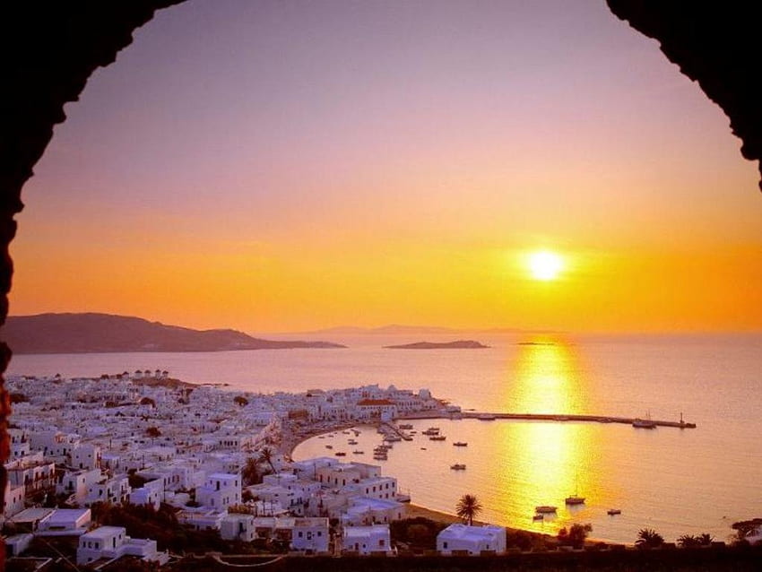 Zachód słońca nad Grecją, wyspa, domy, , ściana, słońce, zachód słońca, morze, Grecja, biały, kolor, kolor, lato, natura, niebo Tapeta HD