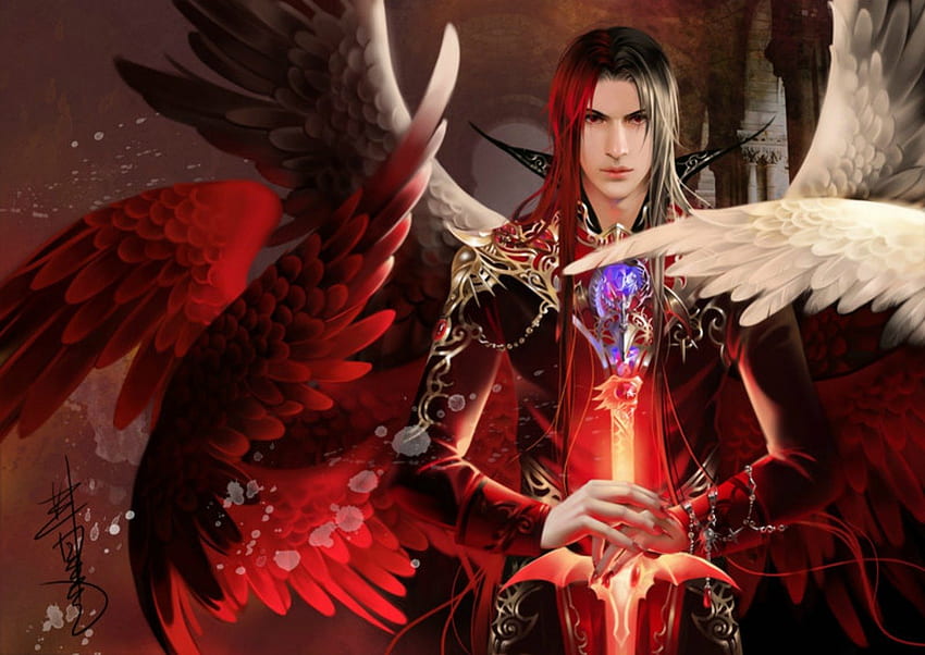 Lucifer by Feimo, wings, white, sword, art, man, angel, vampire, demon, feimo, painting, fantasy, boy, red, game, creature HD wallpaper