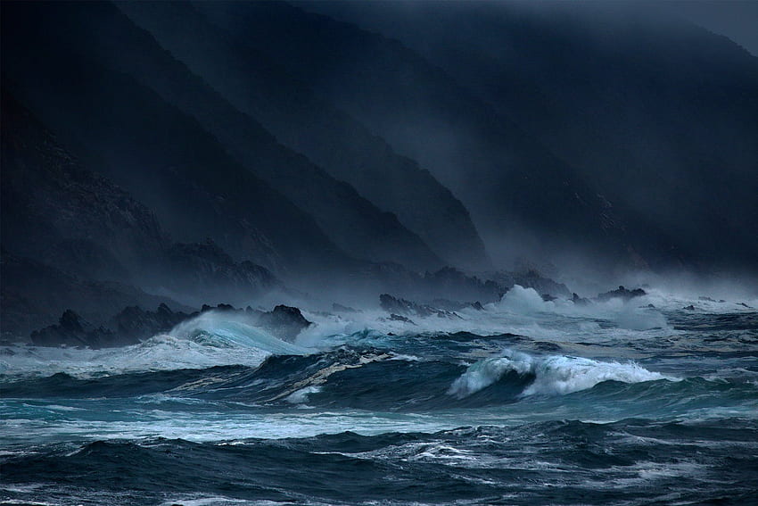 TEMPESTA meteo pioggia cielo nuvole natura oceano mare onde, onde dell'oceano di notte Sfondo HD