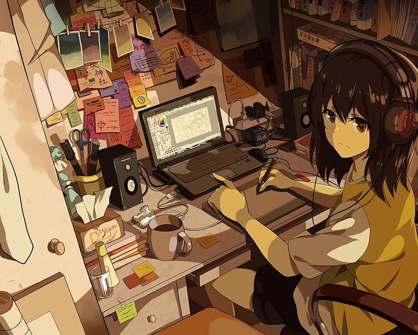 Girly • ตัวละครอนิเมะหญิงนั่งบนเก้าอี้ใกล้กับคอมพิวเตอร์แล็ปท็อป • For You The Best For & Mobile, Anime office วอลล์เปเปอร์ HD