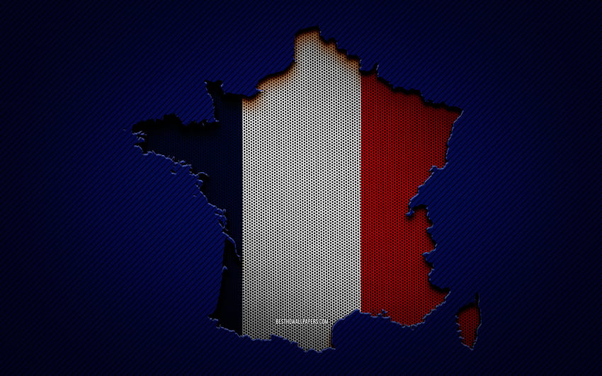 Peta Prancis,, negara-negara Eropa, bendera Prancis, latar belakang karbon biru, siluet peta Prancis, bendera Prancis, Eropa, peta Prancis, Prancis, bendera Prancis Wallpaper HD