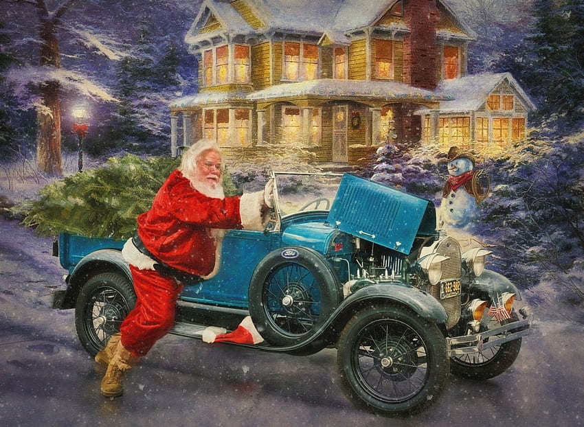 Santa, craciun, man, car, red, christmas, vintage, blue, retro, old HD wallpaper