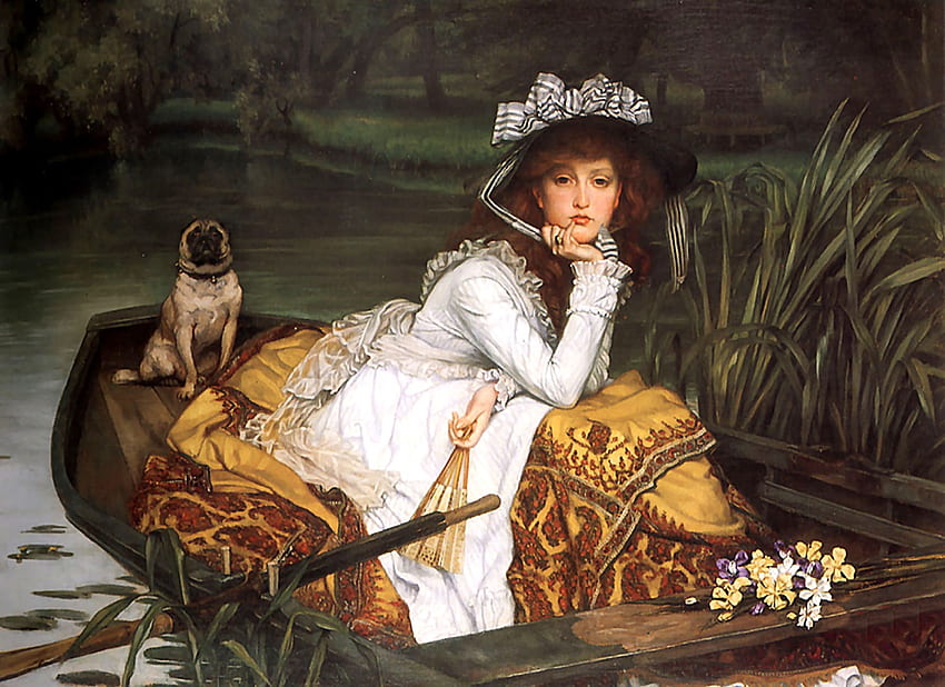 Young Lady in a Boat, boat, art, James Tissot, beautiful, illustration, Tissot, artwork, lady, Old Master, painting, portrait HD wallpaper