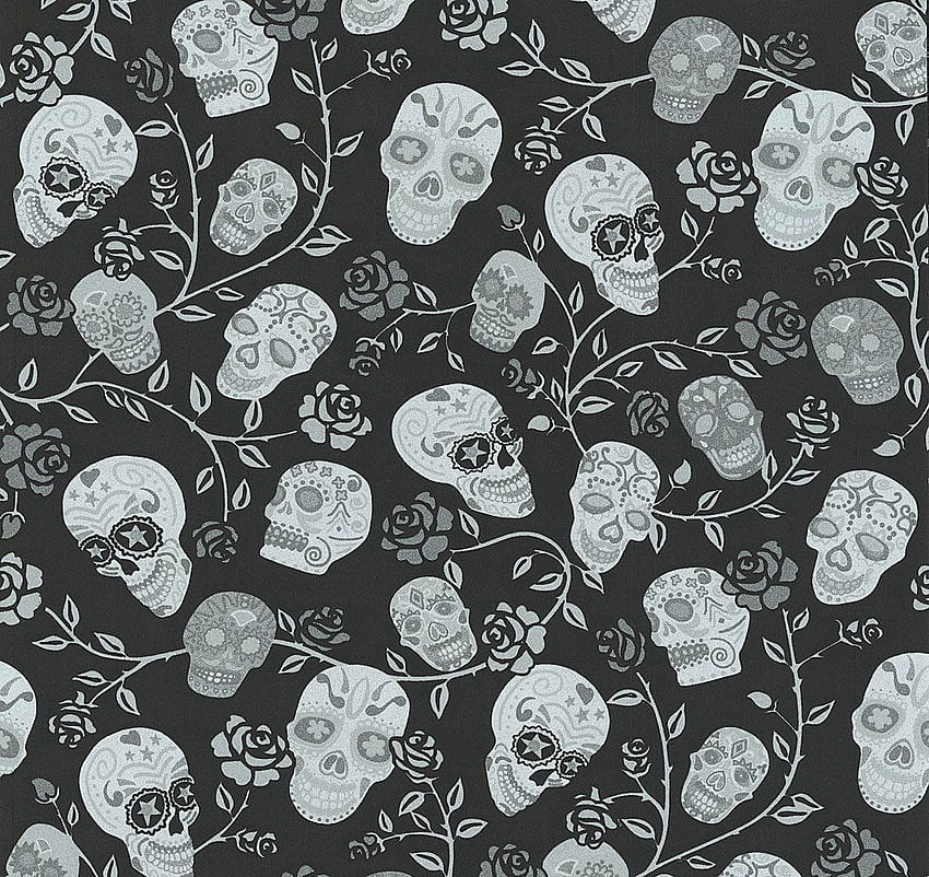 P&S International Skulls Rose Pattern Glitter Mexican Motif Metallic (Black 13383 10), Black Skull with Rose HD wallpaper