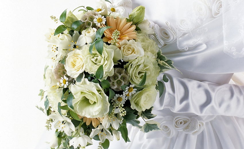 * Giorno speciale *, bouquet, rose, giorno speciale, bellissimo, abito bianco, matrimonio, fiori, sposa, adorabile Sfondo HD