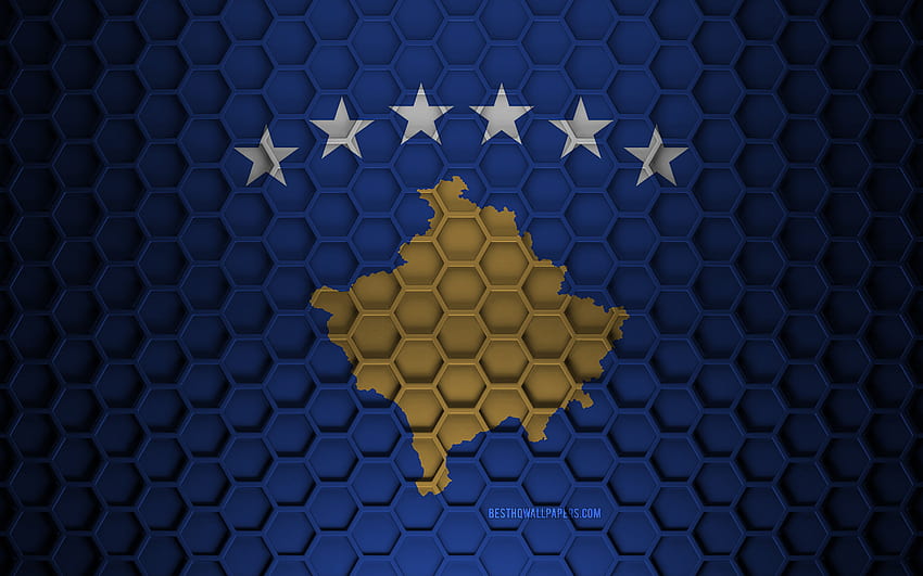 Flaga kosowa, tekstura 3d sześciokąty, kosowo, tekstura 3d, flaga kosowa 3d, tekstura metalowa, flaga kosowa Tapeta HD