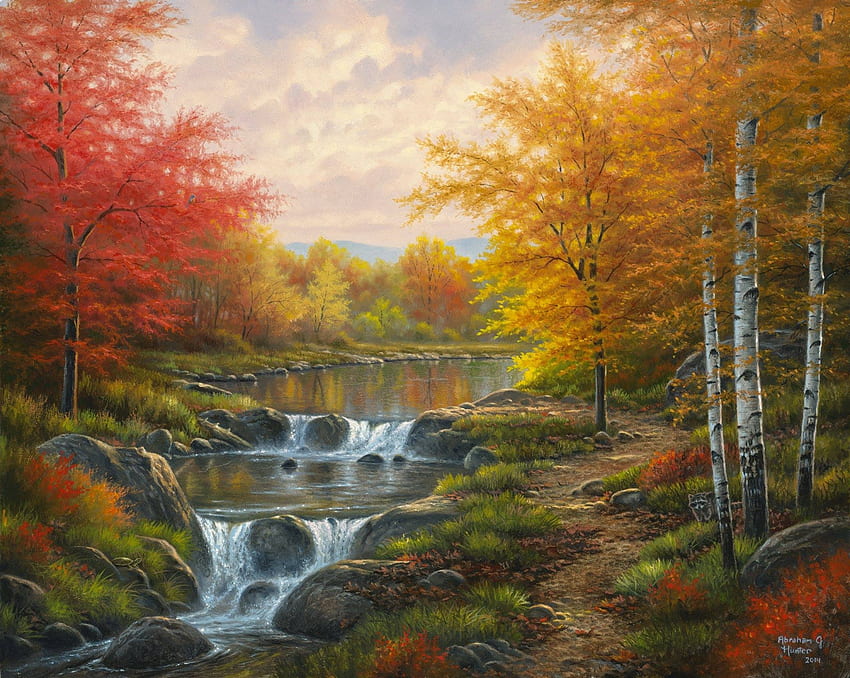 Autumn waterfall, abraham hunter, art, fall, painting, pictura, yellow, red, waterfall, autumn HD wallpaper