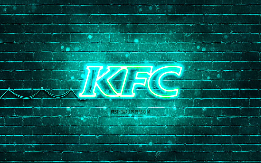 KFC turquoise logo, , turquoise brickwall, KFC logo, brands, KFC neon logo, KFC HD wallpaper